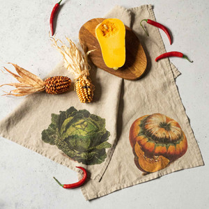 Rustic kitchen towels Pumpkin & Cabbage (set of 2) - LINOROOM 100% LINEN  TEXTILES