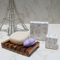 Elegant soap box from Senteurs de France, decorated with 18th-century-inspired floral patterns, gold accents, and delicate pink and green botanical motifs.
