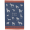 Jacquard cotton tea towel featuring assorted dog breed silhouettes woven on a rich blue background.