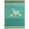 Jacquard cotton tea towel featuring a hen and baby chicks in a rustic countryside design with soft green tones.