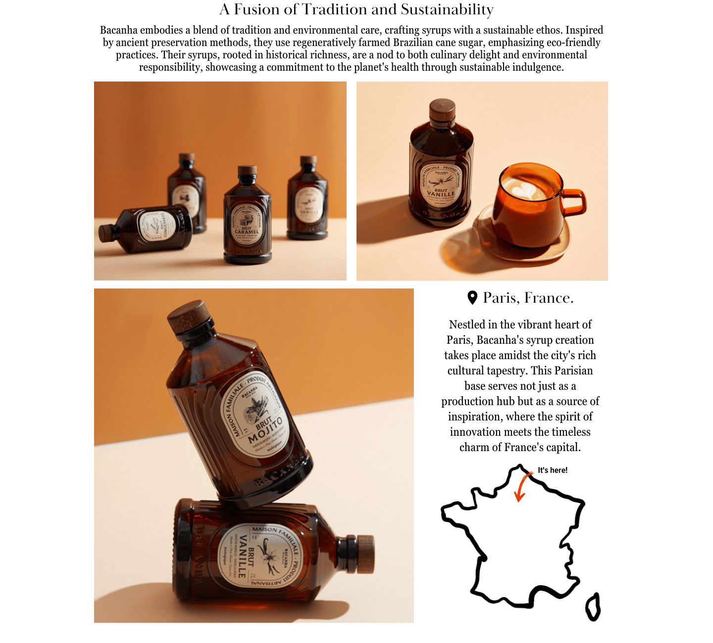The image depicts a promotional presentation for "Bacanha," a brand that produces syrups. The image is segmented into three parts, each featuring different syrup bottles against an orange backdrop. Each part of the image highlights a variety of syrup flavors, such as "Vanille," "Caramel," and "Brut Mojito," among others. The description emphasizes Bacanha's commitment to tradition and sustainability, crafting syrups from regeneratively farmed Brazilian cane sugar. Additionally, it notes that the syrup creation is based in Paris, France, positioned as both a production hub and a source of inspiration within the city’s rich cultural landscape. The design is neat, with a modern aesthetic that supports the brand's message of sustainable luxury.
