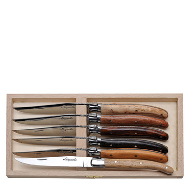 Jean Dubost 6 Steak Knives Linen Handles in Block