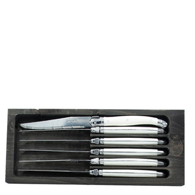 Jean Dubost 6 Steak Knives with White Handles in Black Tray - The