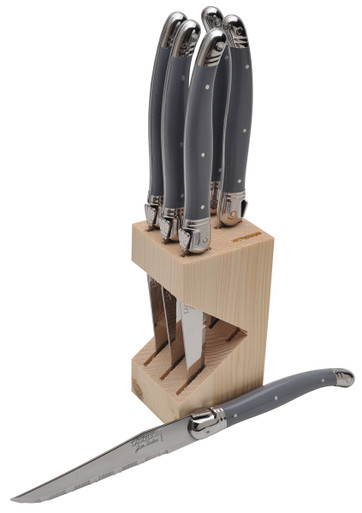 Jean Dubost 6 VIP Blue Steak Knives in a Wooden Block