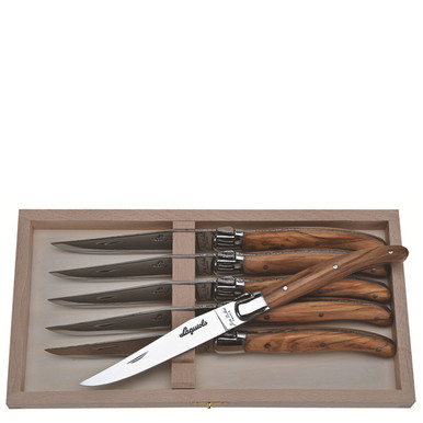 Jean Dubost 6 Steak Knives in Leather Pouch Olive Wood