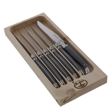 Laguiole Jean Dubost 6 Steak Knives with White Handles in Black Tray