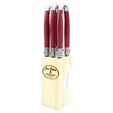 Jean Dubost 6 Pink Neon Steak Knives in a Wooden Block