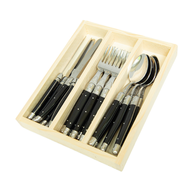 Jean Dubost 18 Pc Everyday Flatware Set with Black colored Handles in a Tray