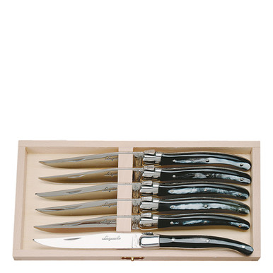 Jean Dubost 6 Steak Knives with Multi-Color Handles in a Clasp Box