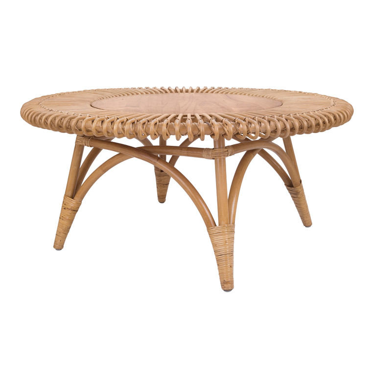 Alaric Rattan Round Coffee Table w/ Wood Top
