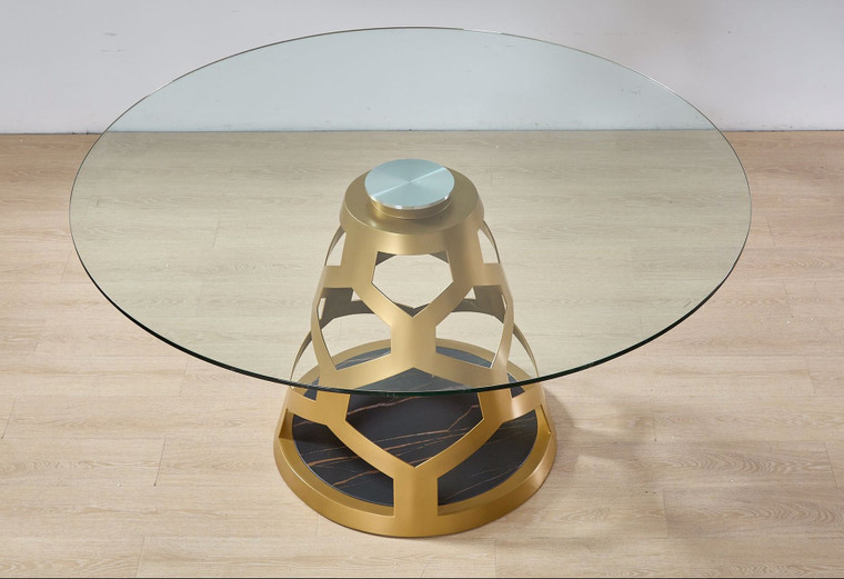 Marba Round Clear Glass Dining Table with Gold Base