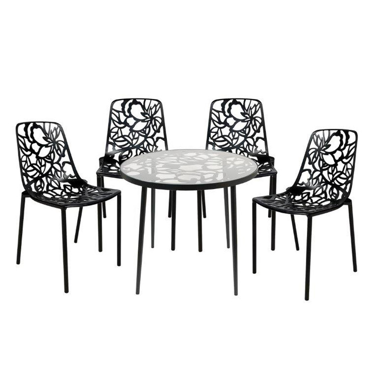 Dovon Meadow Mosaic 5-Piece Aluminum Outdoor Patio Dining Set with Tempered Glass Top Table and 4 Stackable Flower Design Chairs