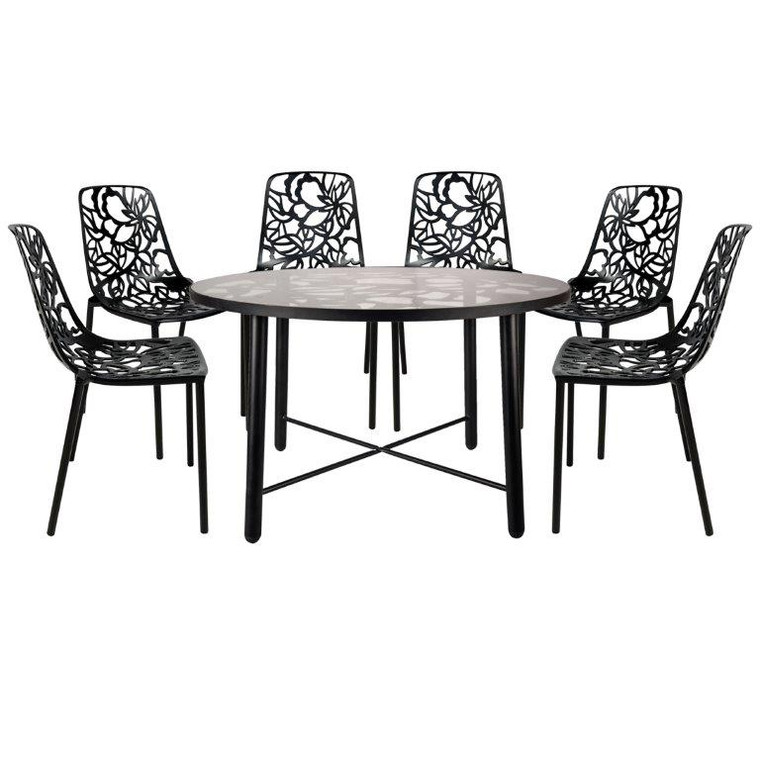 Dovon Meadow Mosaic 7-Piece Aluminum Outdoor Patio Dining Set with Tempered Glass Top Table and 6 Stackable Flower Design Chairs