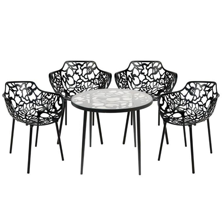 Dovon Meadow Mosaic 5-Piece Aluminum Outdoor Patio Dining Set with Tempered Glass Top Table and 4 Stackable Flower Design Arm Chairs