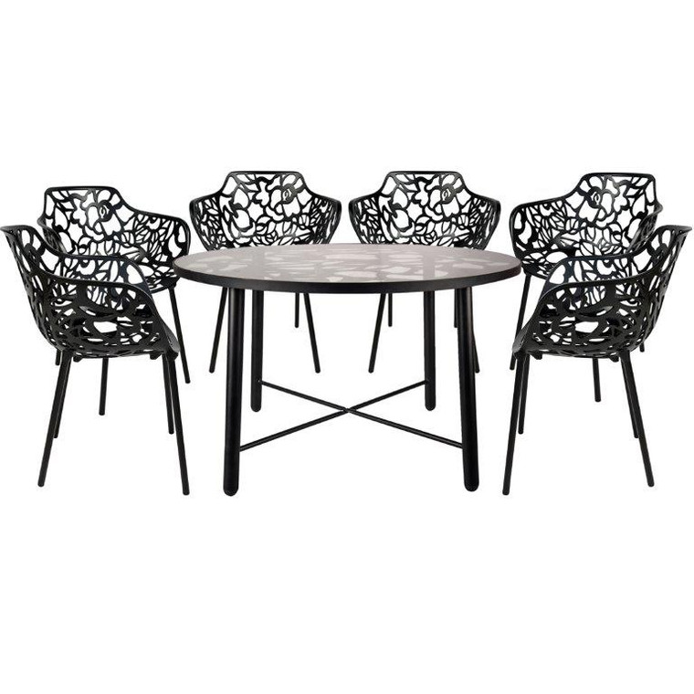 Dovon Meadow Mosaic 7-Piece Aluminum Outdoor Patio Dining Set with Tempered Glass Top Table and 6 Stackable Flower Design Arm Chairs