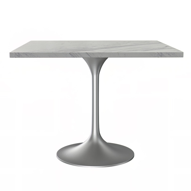 Vanguard Collection 36 Square Dining Table, Brushed Base with Laminated White Marbleized Top
