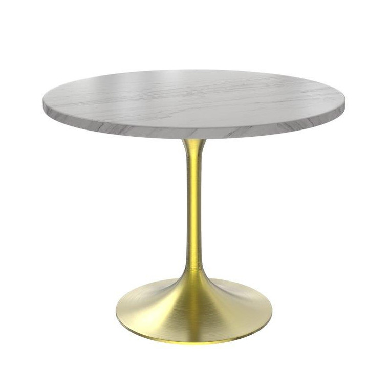 Vanguard Collection 36 Round Dining Table, Brushed Gold Base with Sintered Stone White Top