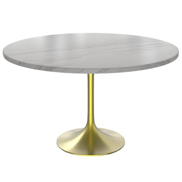 Vanguard Collection 48 Round Dining Table, Brushed Gold Base with Sintered Stone White Top