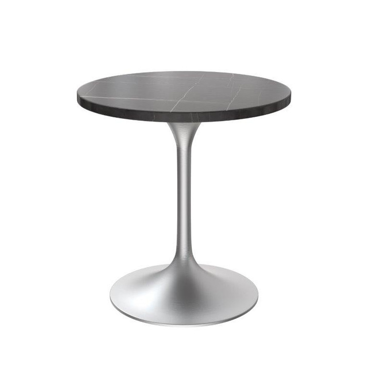 Vanguard Collection 27 Round Dining Table, Brushed Chrome Base with Sintered Stone Black Top