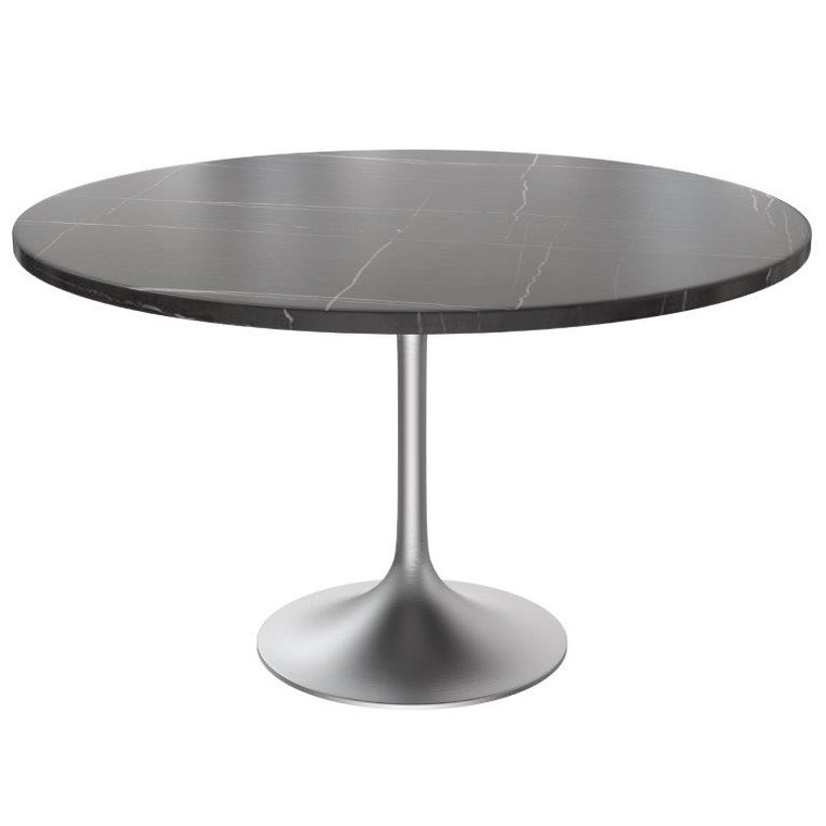 Vanguard Collection 48 Round Dining Table, Brushed Chrome Base with Sintered Stone Black Top