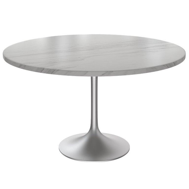 Vanguard Collection 48 Round Dining Table, Brushed Chrome Base with Sintered Stone White Top