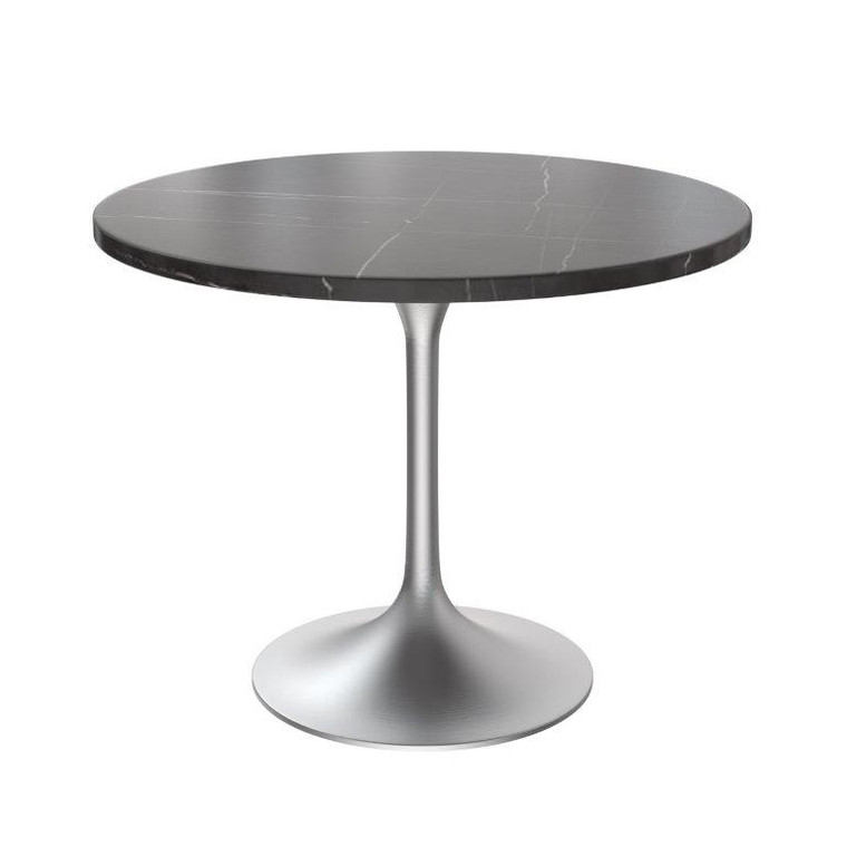 Vanguard Collection 36" Round Dining Table, Brushed Chrome Base with Sintered Stone Black Top
