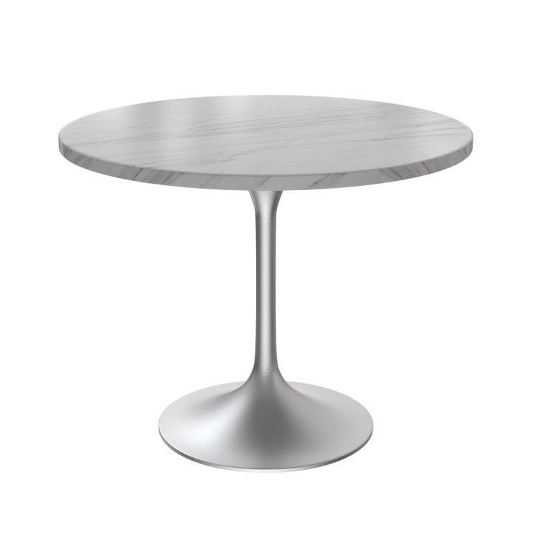 Vanguard Collection 36" Round Dining Table, Brushed Chrome Base with Sintered Stone White Top