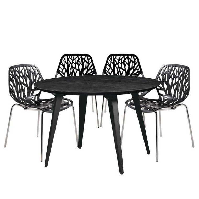 Ravendale Meadow Mosaic 5-Piece Dining Set with 4 Stackable Plastic Chairs and Round Wood Table with Metal Base