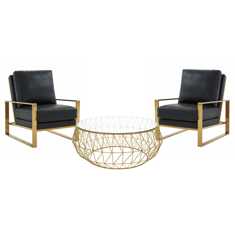 Jeffers Mosaic Leather Armchair with Gold Frame and Round Coffee Table with Glass Top and Metal Base