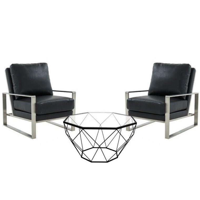 Jeffers Leather Armchair with Silver Frame and Large Octagon Coffee Table with Geometric Base