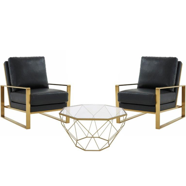 Jeffers Leather Armchair with Gold Frame and Large Octagon Coffee Table with Geometric Base