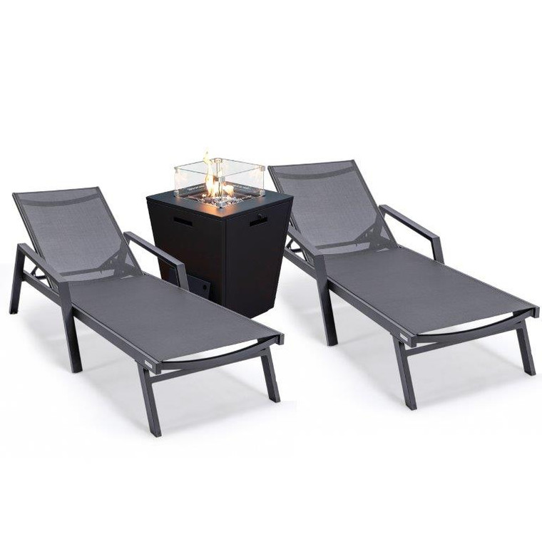 Marlon Mosaic Aluminum Outdoor Patio Chaise Lounge Chair With Arms Set of 2 with Square Fire Pit Side Table | Black