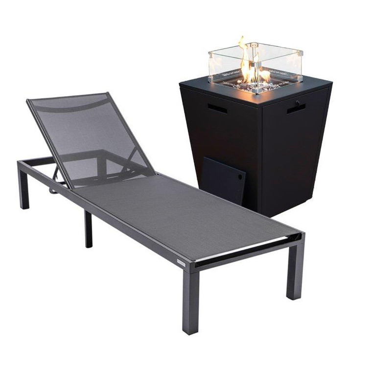 Marlon Mosaic Black Aluminum Outdoor Patio Chaise Lounge Chair with Square Fire Pit Side Table