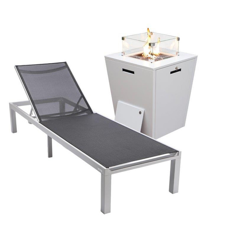 Marlon Mosaic White Aluminum Outdoor Patio Chaise Lounge Chair with Square Fire Pit Side Table