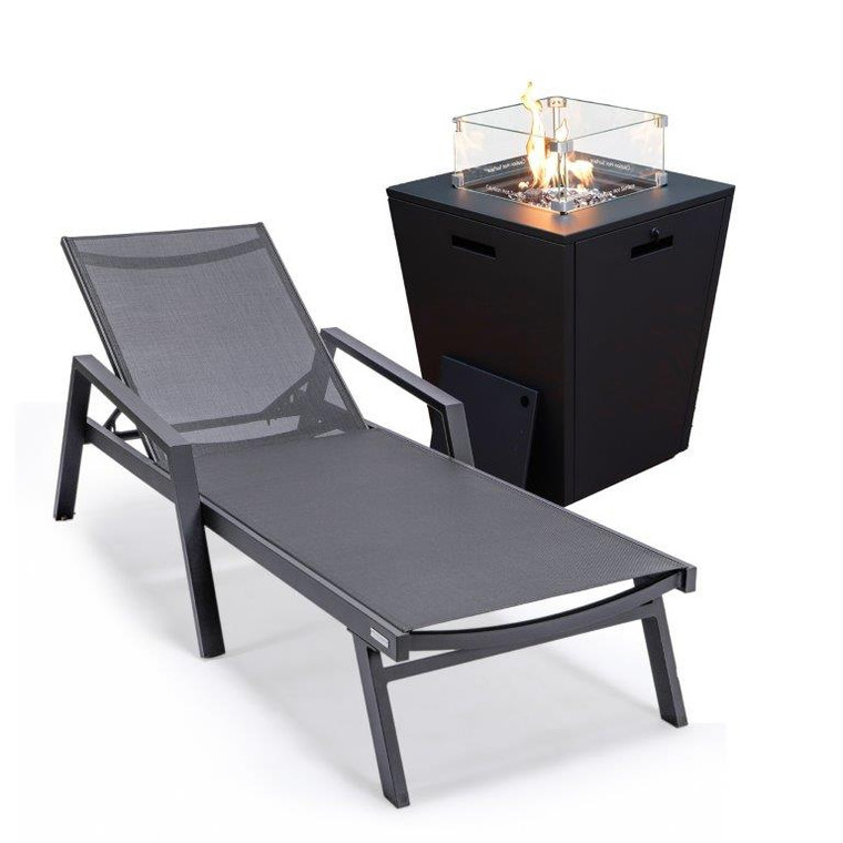 Marlon Mosaic Black Aluminum Outdoor Patio Chaise Lounge Chair With Arms and Square Fire Pit Side Table