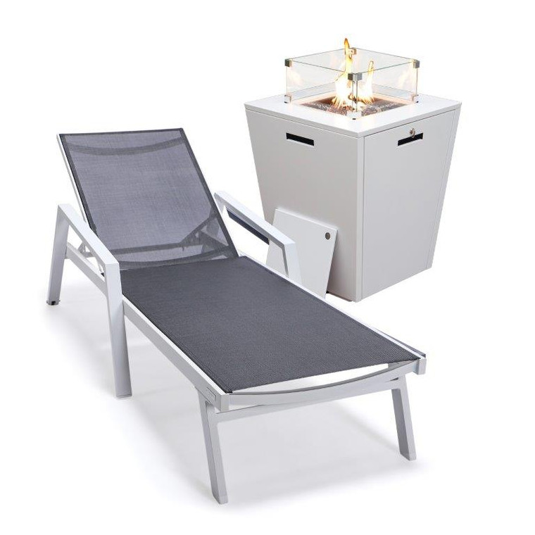 Marlon Mosaic White Aluminum Outdoor Patio Chaise Lounge Chair With Arms and Square Fire Pit Side Table