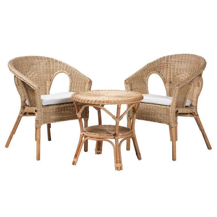 Avalon Modern Bohemian Rattan 3-Piece Living Room Set | White/Natural Brown