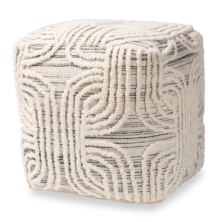 Lettra Todern and Contemporary Bohemian Handwoven Wool Blend Pouf Ottoman | Ivory/Black