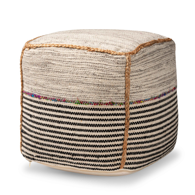 Galilea Todern and Contemporary Bohemian MultiHandwoven Wool Blend Pouf Ottoman | Beige/Multi-Colored