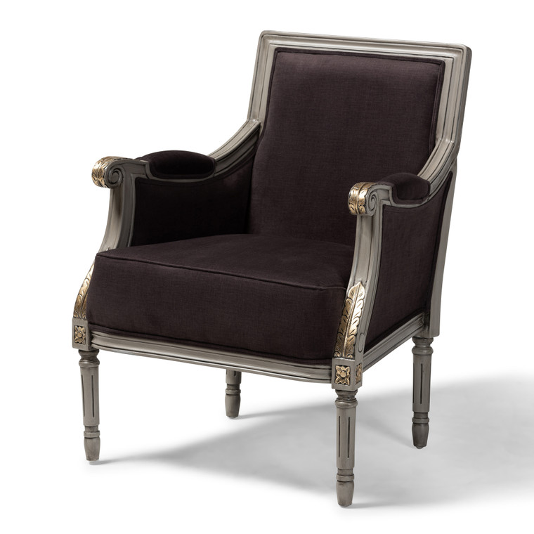 Georgy Classic and Traditional French Inspired Velvet Upholstered Armchair with Goldleaf Detailing  | Brown/Grey/Gold