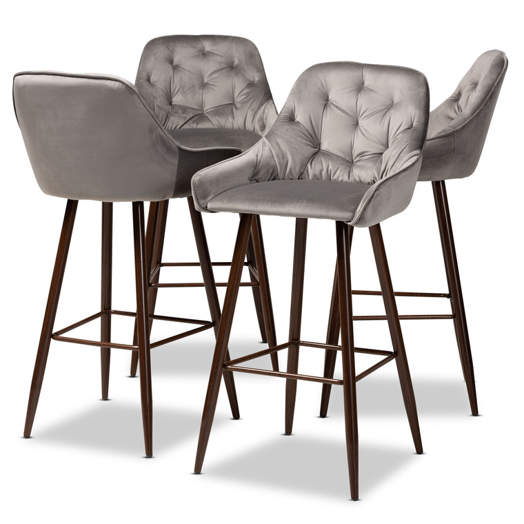 Thinecar Todern and Contemporary Velvet Fabric Upholstered 4-Piece Bar Stool Set | Grey/Walnut