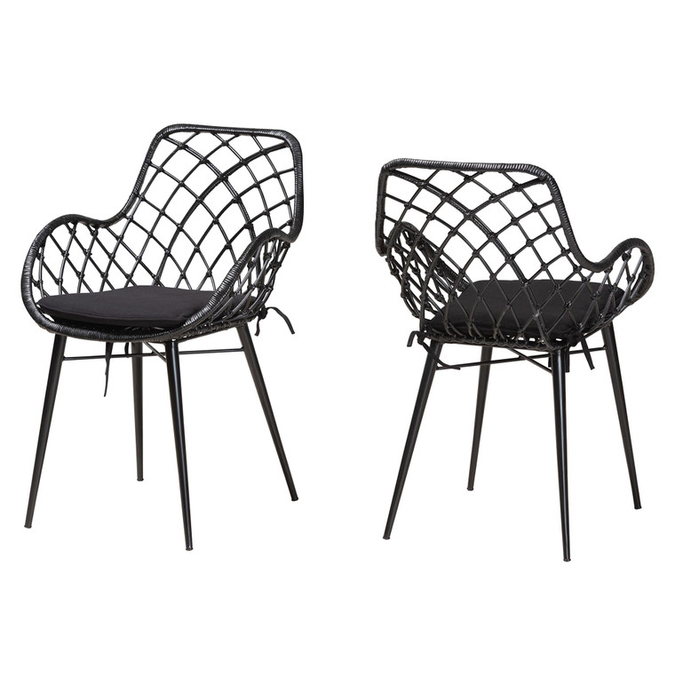 Cato Todern Bohemian Finished Rattan and Metal 2-Piece Dining Chair Set | Black
