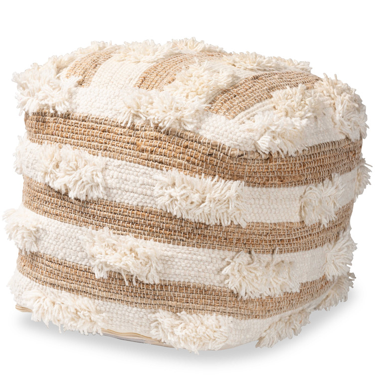 Driscoll Todern and Contemporary Moroccan Inspired Natural and Ivory Handwoven Wool Blend Pouf Ottoman | Natural/Ivory