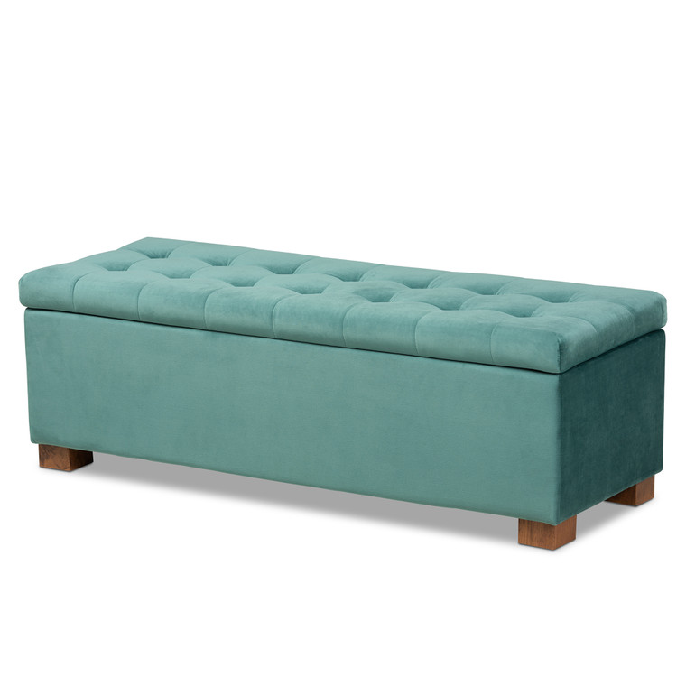 Kenora Modern and Contemporary Teal Velvet Fabric Upholstered Grid-Tufted Storage Ottoman Bench | Teal Blue/Brown
