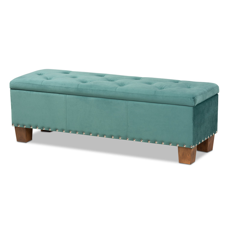 Vivian Modern and Contemporary Teal Velvet Fabric Upholstered Button-Tufted Storage Ottoman Bench | Teal Blue/Brown