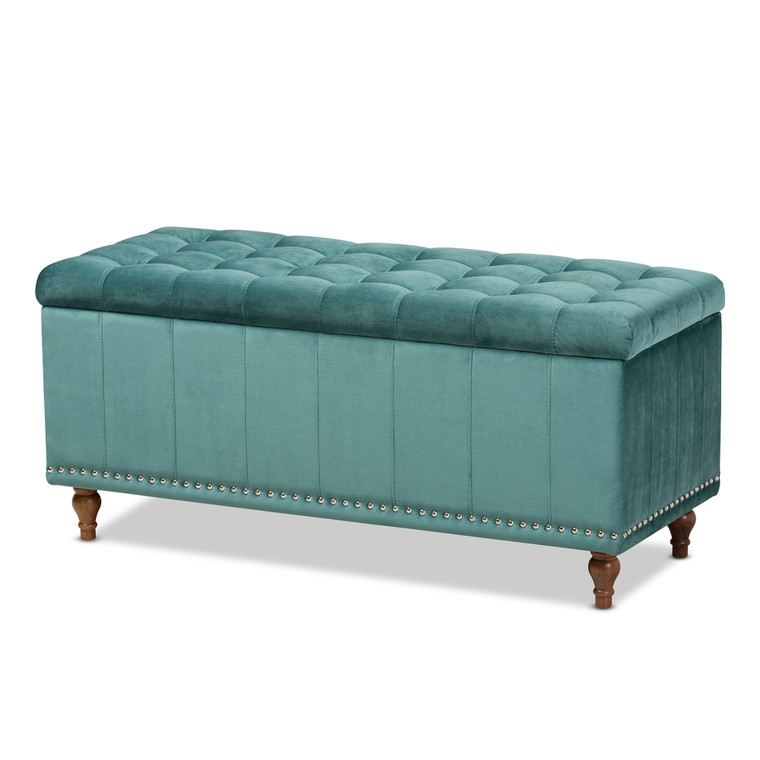 Kayle Modern and Contemporary Teal Velvet Fabric Upholstered Button-Tufted Storage Ottoman Bench | Teal Blue/Brown