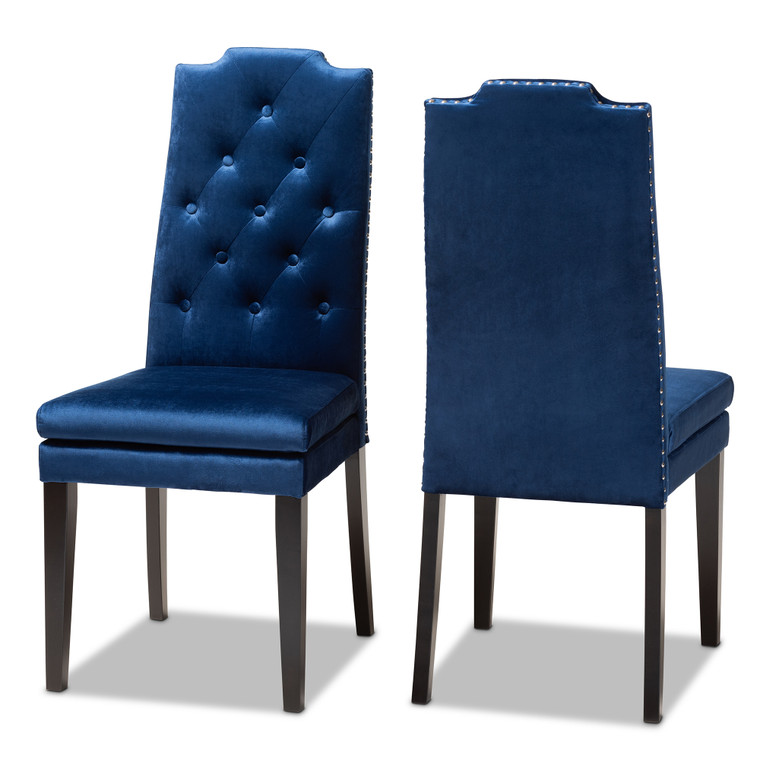 Briar Todern and Contemporary Velvet Fabric Upholstered Button Tufted Wood Dining Chair Set of 2 | Navy Blue