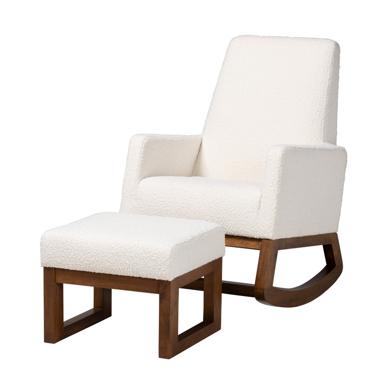 Iyahsa Mid-Century Modern Off-Boucle Upholstered 2-Piece Rocking Chair and Ottoman Set | Off-White/Walnut Brown