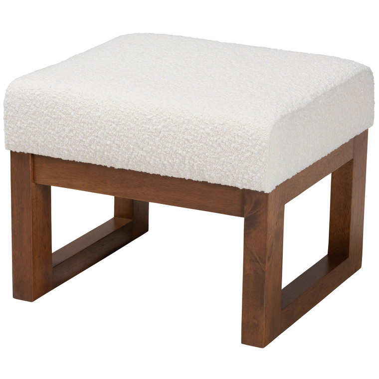 Iyahsa Tid-Century Todern Off-Boucle Upholstered Ottoman Footstool | Off-White/Walnut Brown