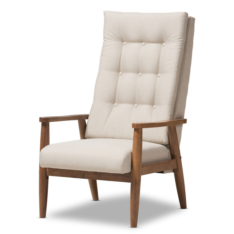 Xyro Tid-Century Todern Finish Wood and Fabric Upholstered Button-Tufted High-Back Chair | Light Beige/"Walnut" Brown